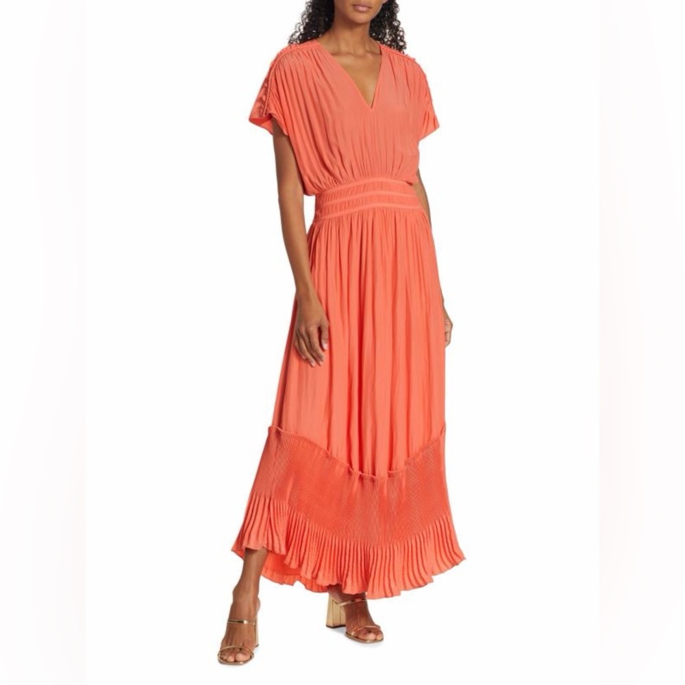 RAMY BROOK Women's Cymone Pleated Short-Sleeve Maxi Dress In Guava